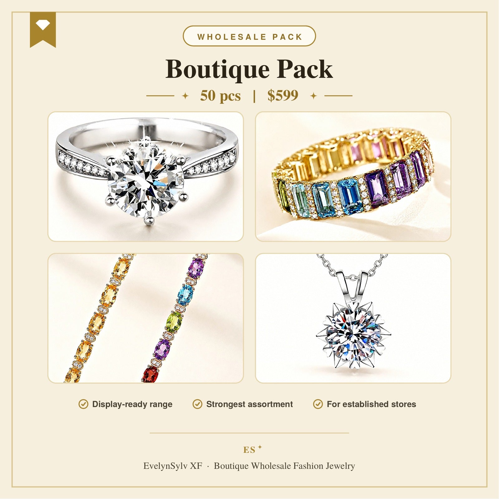 EvelynSylv XF 50-piece boutique wholesale jewelry pack with rings, bracelets, necklaces, and earrings