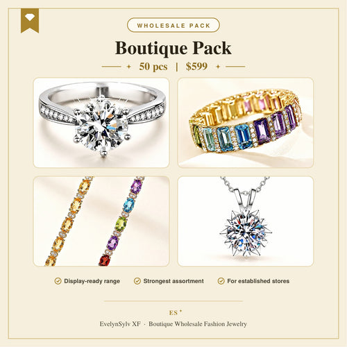 EvelynSylv XF 50-piece boutique wholesale jewelry pack with rings, bracelets, necklaces, and earrings