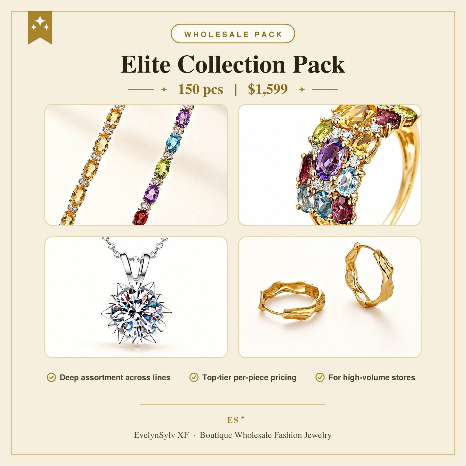 Elite Collection Pack featuring a 150-piece wholesale fashion jewelry assortment for high-volume boutiques by EvelynSylv XF.
