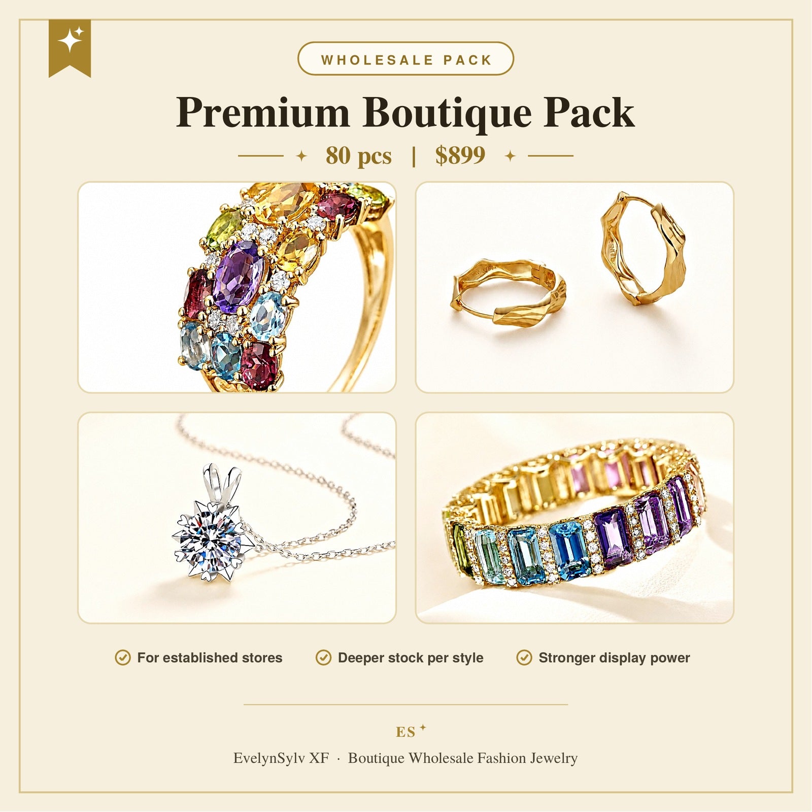 EvelynSylv XF Premium Boutique Pack 80 Pieces Wholesale Jewelry Pack for Boutique Stores