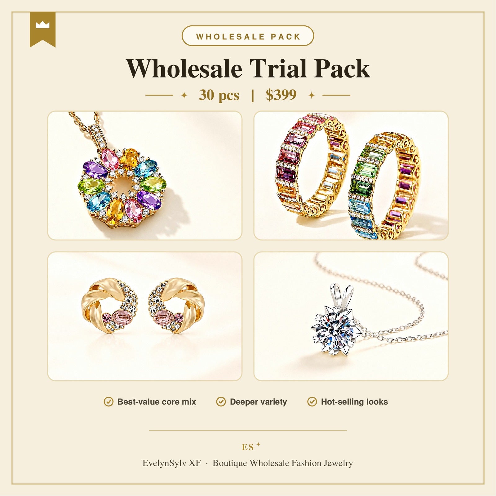 EvelynSylv XF Wholesale Trial Pack, 30 pieces for $399, featuring colorful gemstone jewelry and a pendant necklace.